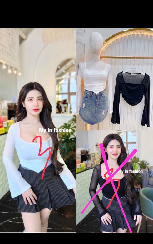 Mesh Crop Long Sleeves Tops
